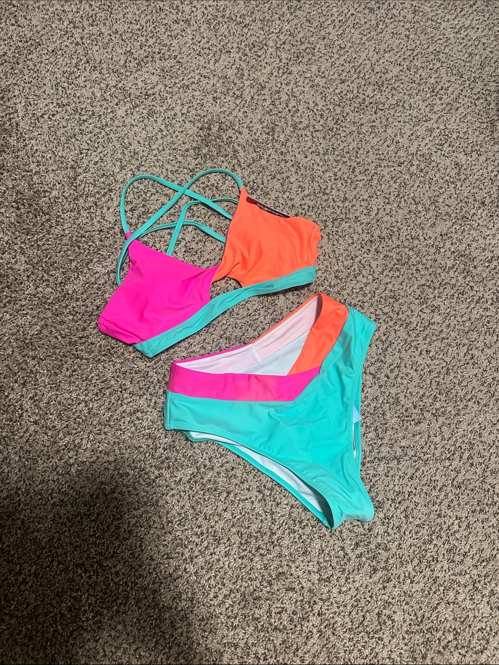 Colorblock High-Waist Bikini Set in Turquoise, Pink & Orange